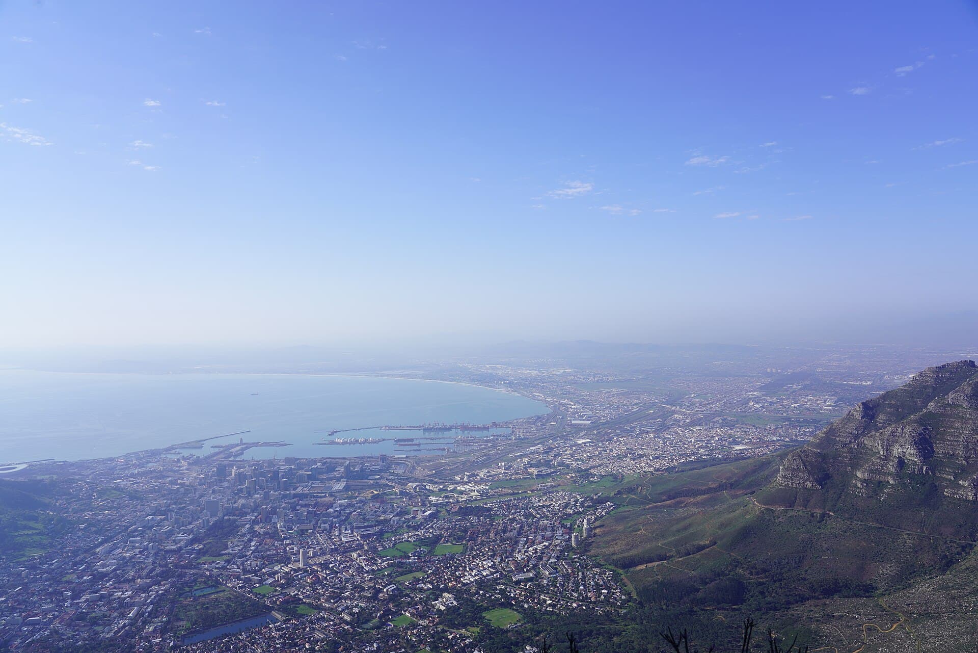 Cape Town's city bowl, harbour and Table Bay seen from the top of Table Mountain