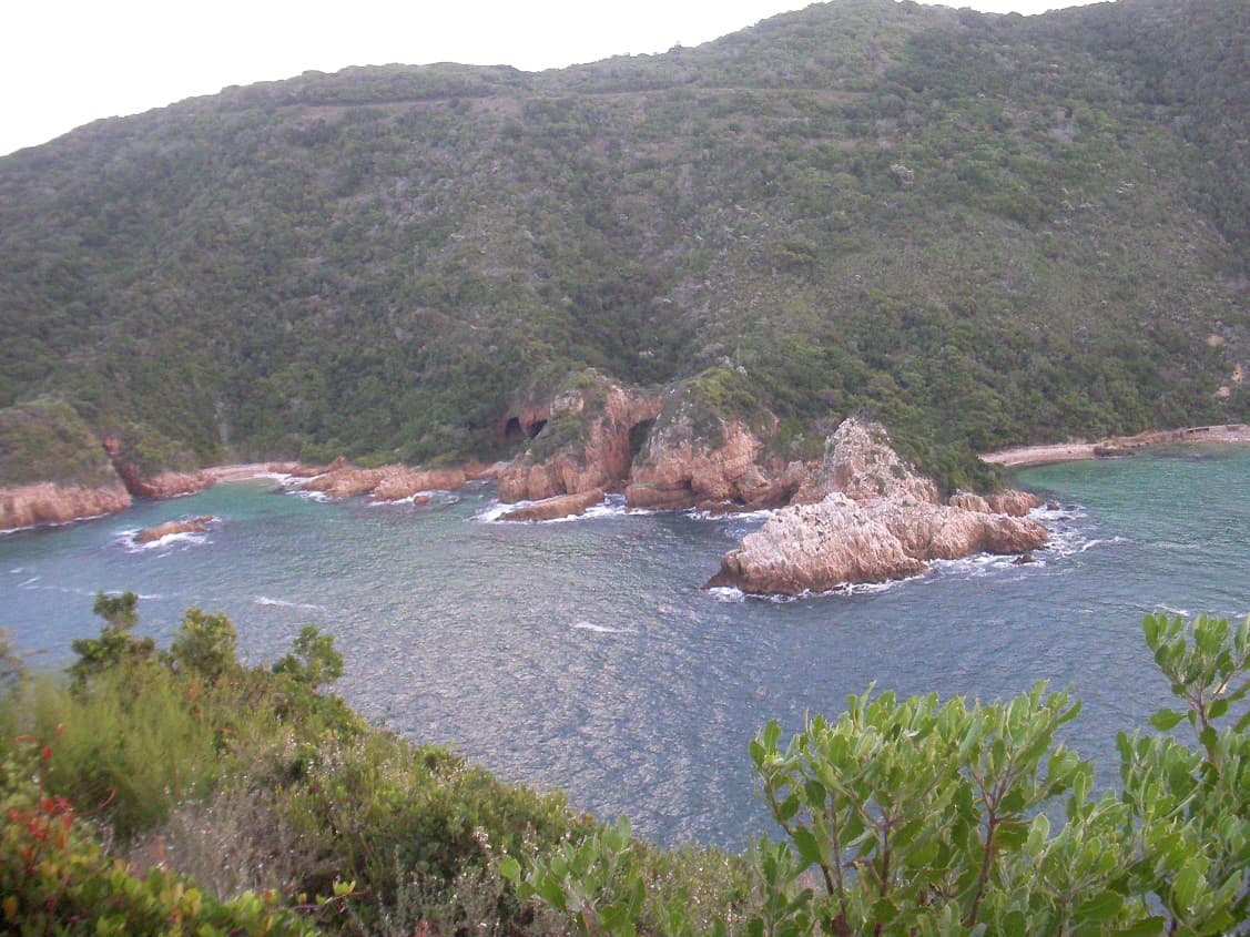 The rugged cliffs of Knysna's Western Head guarding the entrance to the Knysna lagoon, Garden Route, Western Cape, South Africa